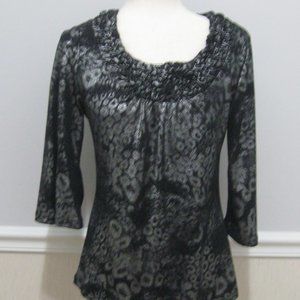 Metallic Silver Animal Print Top sz S Round Neck Bell Sleeves